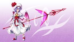  alternate_weapon ascot azusayumi_meme bad_id bad_pixiv_id blue_hair bracelet capelet curiosities_of_lotus_asia demon_wings female hat highres jewelry long_skirt long_sleeves photoshop_(medium) remilia_scarlet short_hair skirt solo spear_the_gungnir touhou weapon wings 