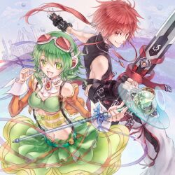  1boy ascot bad_id bad_pixiv_id belt breasts crossover dress elsword elsword_(character) female gloves goggles goggles_on_head green_dress green_eyes green_hair gumi gumi_(v3_megpoid) headphones highres lira_mist medium_breasts pants photoshop_(medium) red_eyes red_hair rune_slayer_(elsword) shoes short_hair skirt smile spiked_hair sword underboob vocaloid wand weapon 