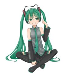  aqua_eyes aqua_hair bad_id bad_pixiv_id black_thighhighs boots detached_sleeves female full_body grin hatsune_miku indian_style long_hair necktie photoshop_(medium) sitting smile solo thigh_boots thighhighs very_long_hair vocaloid white_background willgoon 