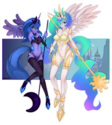  alicorn alternate_species anthro blue_eyes breasts clothed clothing crown cutie_mark equid equine female friendship_is_magic hair hasbro headgear horn human humanized mammal multicolored_hair my_little_pony mythological_creature mythological_equine mythology princess princess_celestia_(mlp) princess_luna_(mlp) purple_hair royalty skimpy slugbox weapon wings 