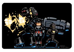  3boys alternate_color bad_id bad_pixiv_id black_theme captain_america energy fighting_stance glowing height_difference hounori huge_weapon iron_man male_focus marvel marvel_vs._capcom marvel_vs._capcom_3 mask mecha multiple_boys no_pupils power_suit robot rocket_launcher salute science_fiction sentinel_(x-men) shield standing weapon x-men 