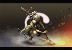  blue_eyes commentary_request female flower grey_hair hair_ribbon hitodama konpaku_youmu konpaku_youmu_(ghost) leaf letterboxed photoshop_(medium) ribbon scabbard sheath shiroi_karasu short_hair solo stance sword touhou weapon 