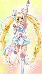  arm_up blonde_hair boots bow choker cure_echo female haruyama_kazunori heart long_hair pink_bow precure precure_all_stars_new_stage:_mirai_no_tomodachi sakagami_ayumi solo twintails waist_bow white_choker white_footwear yellow_eyes 