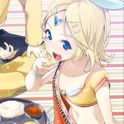  bad_id bad_pixiv_id blonde_hair blue_eyes eating female food hair_ornament hairclip indian_clothes jewelry kagamine_rin midriff navel open_mouth photoshop_(medium) sari short_hair sitting vocaloid wristband yahako 