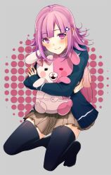  bad_id bad_pixiv_id bag banned_artist black_legwear danganronpa flipped_hair hair_ornament hairclip hood hoodie hug kneeling monomi_(danganronpa) nanami_chiaki okia pink_eyes pink_hair skirt smile solo stuffed_animal stuffed_toy super_danganronpa_2 thighhighs 