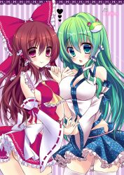  2girls ascot bad_id bad_pixiv_id blush bow breasts brown_hair detached_sleeves frog_hair_ornament green_eyes green_hair hair_ornament hair_tubes hairbow hakurei_reimu holding_hands honoka_chiffon interlocked_fingers kochiya_sanae long_hair medium_breasts multiple_girls photoshop_(medium) purple_eyes sideboob smile touhou wide_sleeves 