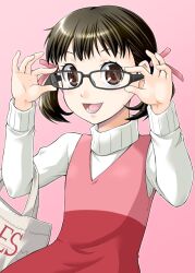  adjusting_eyewear bag bespectacled black_hair brown_eyes commentary_request doujima_nanako dress female glasses hair_ribbon open_mouth persona persona_4 ribbon shopping_bag smile solo twintails yaso_shigeru 