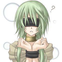  ? black_blindfold blindfold caam_serenity_of_gusto commentary_request duel_monster facing_viewer female green_hair long_hair shintani_tsushiya simple_background solo white_background yu-gi-oh! 