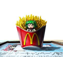  bad_id bad_pixiv_id fast_food female food french_fries futsuu green_eyes green_hair hair_bobbles hair_ornament hakurei_reimu highres in_container kisume long_sleeves looking_at_viewer mcdonald&#039;s napkin open_mouth short_hair simple_background solo touhou twintails white_background 