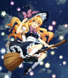  bad_id bad_pixiv_id blonde_hair broom broom_riding cloud commentary_request dress female hat highres jenevan kirisame_marisa long_hair mary_janes shoes solo star_(symbol) touhou witch_hat yellow_eyes 