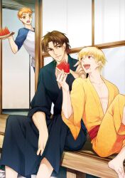  3boys bad_id bad_pixiv_id blonde_hair brown_eyes brown_hair emiya_shirou fate/stay_night fate_(series) food food_on_face fruit gilgamesh_(fate) japanese_clothes kimono kotomine_kirei male_focus multiple_boys orange_hair photoshop_(medium) raglan_sleeves red_eyes watermelon yellow_eyes yuuto_(sky_cloister) 