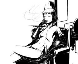  amputee cigarette couch crossover cyborg deus_ex deus_ex:_human_revolution double_amputee female greyscale katawa_shoujo monochrome open_clothes open_shirt panties parody shirt short_hair sitting smoke smoking solidcow tezuka_rin underwear 