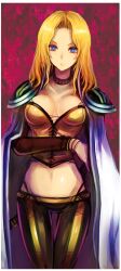  blonde_hair blue_eyes breasts bustier cape celes_chere commentary_request crop_top female final_fantasy final_fantasy_vi jewelry kara_(color) long_hair medium_breasts midriff navel necklace solo thigh_gap 