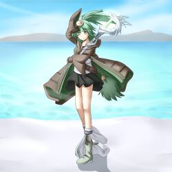  bad_id bad_pixiv_id belt blush boots clenched_hand covering_head duel_monster female fingerless_gloves gloves green_eyes green_hair hair_ornament hair_tie highres holding komimiyako mountain one_eye_closed ponytail robe shadow sidelocks skirt smile solo staff water wynn_(yu-gi-oh!) wynn_the_wind_charmer yu-gi-oh! 