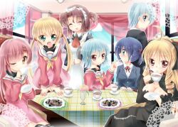  1boy 6+girls ayasaki_hayate black_tea chair checkerboard_cookie commentary_request cookie cup curtains doily folded_ponytail food hakuo_school_uniform hayate_no_gotoku! indoors katsura_hinagiku kuriyuzu_kuryuu maid maria_(hayate_no_gotoku!) multiple_girls nishizawa_ayumu plate sanzen&#039;in_nagi school_uniform serafuku sitting suirenji_ruka table tablecloth tea tea_set teacup tennousu_athena thighhighs window 