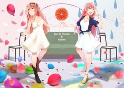  2girls :d answer_(vocaloid) balloon belt blue_eyes blue_ribbon blush boots collarbone commentary_request creator_connection dress dual_persona flower flower_wreath front-tie_top full_body head_wreath just_be_friends_(vocaloid) knee_boots long_hair megurine_luka multiple_girls open_mouth photoshop_(medium) pink_hair retsuna ribbon smile songover very_long_hair vocaloid white_dress wreath 