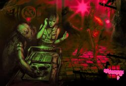  1boy breakdance chad_walker commentary_request dj female headphones heather_mason james_sunderland looking_at_viewer mixing_table monster out_of_character phonograph photoshop_(medium) pyramid_head record short_hair silent_hill_(series) silent_hill_3 smile turntable valtiel wristband 