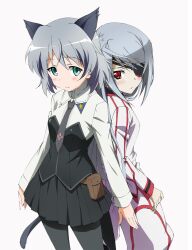  2girls animal_ears back-to-back black_necktie black_skirt blonde_hair cat_ears cat_girl cat_tail color_connection commentary_request crossover eyepatch green_eyes grey_hair hair_color_connection highres infinite_stratos infinite_stratos_academy_school_uniform laura_bodewig long_hair military military_uniform multiple_girls necktie pantyhose red_eyes sanya_v._litvyak school_uniform short_hair skirt strike_witches tail uniform world_witches_series yamamoto_shuuhei 