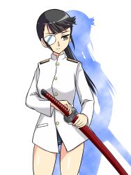  bad_id bad_pixiv_id black_hair eyepatch female katana military military_uniform photoshop_(medium) ponytail sakamoto_mio sayu_(mio-mosa) solo strike_witches swimsuit swimsuit_under_clothes sword uniform weapon world_witches_series yellow_eyes 