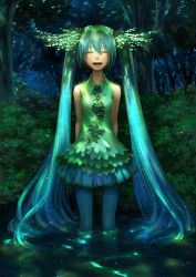  aqua_hair bad_id bad_pixiv_id closed_eyes female hatsune_miku highres long_hair night open_mouth photoshop_(medium) solo tree twintails very_long_hair vocaloid wading water yuanmaru 