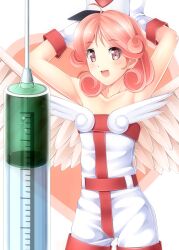  angel_wings bad_id bad_pixiv_id blush cowboy_shot curly_hair duel_monster female hat highres holding injection_fairy_lily komimiyako large_syringe looking_at_viewer nurse nurse_cap oversized_object parted_bangs pink_eyes pink_hair smile solo syringe wings yu-gi-oh! yu-gi-oh!_duel_monsters 