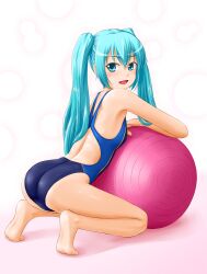  aqua_eyes aqua_hair ball commentary_request competition_swimsuit exercise_ball female hatsune_miku leaning_on_ball long_hair looking_back one-piece_swimsuit open_mouth solo swimsuit tk4 twintails vocaloid 