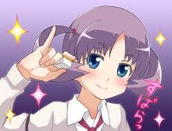  blue_eyes blush catchphrase commentary_request female hanada_kirame holding holding_mahjong_tile kairakuen_umenoka long_sleeves mahjong mahjong_tile necktie pinky_out purple_hair saki_(manga) saki_achiga-hen school_uniform shindouji_school_uniform short_hair short_twintails smile solo sparkle sweater twintails 