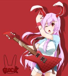  alternate_costume animal_ears black_thighhighs commentary_request electric_guitar female guitar hair_ornament hairpin haseneko instrument long_hair one_eye_closed pink_hair rabbit_ears red_background red_eyes reisen_udongein_inaba short_sleeves shorts solo thighhighs touhou very_long_hair 