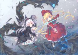  2girls battle black_wings blonde_hair blue_eyes chinese_commentary commentary_request duel feathers large_wings lolita_fashion long_hair maid_headdress multiple_girls north_abyssor photoshop_(medium) purple_hair rozen_maiden shinku suigintou sword twintails weapon white_hair wings 