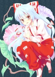  b-ginga blue_hair blush bow clip_studio_paint_(medium) commentary_request female fire floral_background flower fujiwara_no_mokou hairbow long_hair morning_glory pink_flower purple_flower red_eyes solo suspenders touhou 