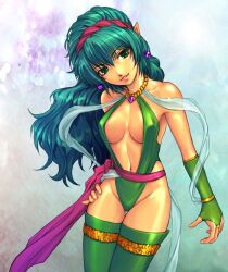  bad_link breasts breasts_apart bridal_gauntlets cisty earrings female green_eyes green_hair hand_on_own_hip headband jewelry lightbringer long_hair medium_breasts necklace photoshop_(medium) pinky_out pointy_ears sash thighhighs yoko_jyusuke 