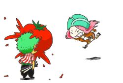  1boy black_pants chibi female female fur_jacket green_hair haramaki hat jewelry_bonney lipstick makeup male one_piece pants patterned_legwear pink_hair roronoa_zoro sabaody_archipelago sheathed_sword shirt simple_background standing striped striped_shirt supernova thighhighs throw throwing tomato white_background 