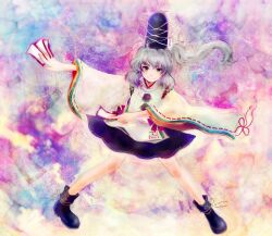  blue_eyes commentary_request female grey_hair hat japanese_clothes katari long_hair looking_at_viewer mononobe_no_futo ofuda photoshop_(medium) ponytail shoes skirt smile solo standing tate_eboshi touhou wide_sleeves 