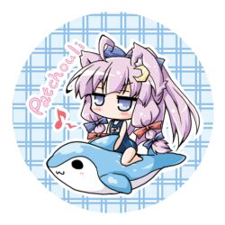  :3 ahoge alternate_hairstyle animal_ears blue_eyes blush bow cat_ears character_name chibi commentary_request crescent crescent_hair_ornament female hair_ornament hairbow kemonomimi_mode lowres musical_note neko_yume no_headwear no_mouth no_nose one-piece_swimsuit patchouli_knowledge ponytail purple_hair school_swimsuit solo swimsuit touhou 