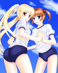  2girls ass blonde_hair brown_hair buruma commentary_request fate_testarossa gym_uniform hair_ribbon highres holding_hands interlocked_fingers lyrical_nanoha mahou_shoujo_lyrical_nanoha mahou_shoujo_lyrical_nanoha_a&#039;s multiple_girls open_mouth purple_eyes red_eyes ribbon short_twintails sooichi_(diabolicemission) takamachi_nanoha twintails 