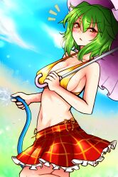  ^^^ annoyed bikini blush breasts cleavage commentary_request female frown green_hair hose kazami_yuuka large_breasts navel plaid plaid_skirt red_eyes roki_(hirokix) short_hair side-tie_bikini_bottom skirt solo sweat swimsuit touhou umbrella water yellow_bikini 