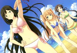  3girls absurdres aomi_isara arm_behind_head beach bent_over bikini bikini_skirt black_hair blue_eyes breasts brown_hair cleavage cloud day dutch_angle green_eyes hand_on_own_hip hands_on_own_knees highres imageboard_desourced inomata_masami koi_to_senkyo_to_chocolate leaning_forward long_hair medium_breasts multiple_girls navel non-web_source nyantype ocean official_art open_mouth outdoors red_eyes scan shinonome_satsuki side-tie_bikini_bottom sky sumiyoshi_chisato swimsuit twintails two_side_up very_long_hair water 