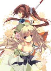  2girls :d atelier_(series) atelier_ayesha ayesha_altugle bad_id bad_pixiv_id bare_shoulders blonde_hair bo_staff bow breasts brown_eyes brown_hair cleavage commentary_request crossover downblouse dress eiyuu_densetsu estelle_bright flower green_dress hair_flower hair_ornament hat holding long_hair medium_breasts minazuki_haruka multiple_girls off-shoulder_dress off_shoulder open_mouth orange_skirt photoshop_(medium) polearm ponytail red_eyes skirt smile sora_no_kiseki waist_bow weapon 