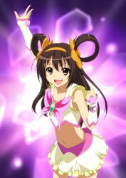  brown_eyes brown_hair commentary_request cosplay crop_top cure_dream cure_dream_(cosplay) female hair_rings henshin highres image_sample iyakun long_hair md5_mismatch pixiv_sample precure ribbon solo suzumiya_haruhi suzumiya_haruhi_no_yuuutsu transformation yes!_precure_5 