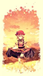  aki_minoriko apple apron barefoot blonde_hair closed_eyes commentary_request dress female food frills fruit full_body grapes grass hat highres light_smile long_sleeves neck_ribbon orange_sky persimmon ribbon short_hair skirt_basket skirt_hold sky solo standing standing_on_one_leg sunakumo sunset touhou 