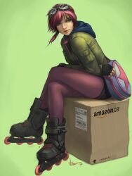  absurdres amazon_(company) bag blue_eyes box cardboard_box coat commentary_request crossed_legs female goggles goggles_on_head highres inline_skates lips looking_back md5_mismatch on_box pantyhose pantyhose_under_shorts photoshop_(medium) pink_hair pink_pantyhose ramona_flowers realistic resolution_mismatch roller_skates scott_pilgrim_(series) short_hair shorts sidelocks sitting sitting_on_box skates solo source_smaller viet_nguyen wind 