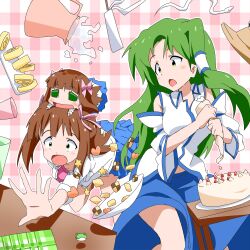  2girls amami_haruka bad_id bad_pixiv_id brown_hair cake checkerboard_cookie chibi cookie crossover detached_sleeves food frog_hair_ornament fueiku green_eyes green_hair hair_ornament hair_ribbon haruka-san idolmaster idolmaster_(classic) kochiya_sanae long_hair multiple_girls open_mouth puchimasu! pyonta ribbon short_hair touhou tripping 