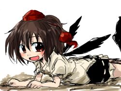  aged_down blush brown_hair commentary_request female hat looking_at_viewer open_mouth red_eyes shameimaru_aya short_hair skirt smile solo tokin_hat touhou unya wings 