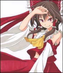  ascot bad_id bad_pixiv_id bow brown_hair detached_sleeves female hair_tubes hairbow hakurei_reimu marker_(medium) red_bow red_eyes shikishi smile solo touhou traditional_media tsukishiro_saika wide_sleeves 