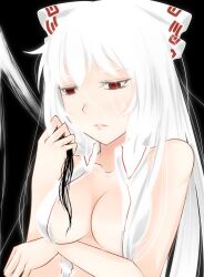  aoshima bare_shoulders bow breast_lift breasts cleavage commentary_request female fujiwara_no_mokou hairbow highres long_hair medium_breasts no_bra open_clothes red_eyes solo touhou very_long_hair white_hair 