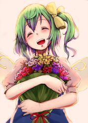  ^_^ blush bouquet closed_eyes commentary_request daiyousei fairy_wings female flower green_hair kachayori open_mouth puffy_sleeves short_sleeves side_ponytail smile solo touhou wings 