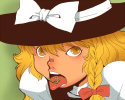  blonde_hair braid cherry_stem_knot commentary_request female hat kirisame_marisa long_hair looking_at_viewer onikobe_rin open_mouth single_braid solo tongue tongue_out touhou witch_hat yellow_eyes 