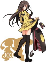  bakemonogatari black_hair clothes_lift commentary_request female full_body kageneko lifting_own_clothes mawile monogatari_(series) objectification parody pokemon pokemon_(creature) red_eyes senjougahara_hitagi senjougahara_pose skirt skirt_lift standing stapler thighhighs 