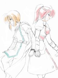  1boy ahoge armor artist_request back-to-back back_to_back blonde_hair blue_eyes cape cuffs female gauntlets green_eyes handcuffed_together handcuffs long_sleeves lyrical_nanoha mahou_shoujo_lyrical_nanoha mahou_shoujo_lyrical_nanoha_strikers pink_hair ponytail signum sword tunic weapon yuuno_scrya 