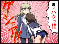  2girls ass blonde_hair brown_hair commentary_request emphasis_lines glasses hiro_yoshinaka military military_uniform miyafuji_yoshika multiple_girls pantyhose perrine_h._clostermann strike_witches swimsuit swimsuit_under_clothes translated uniform world_witches_series yuri 